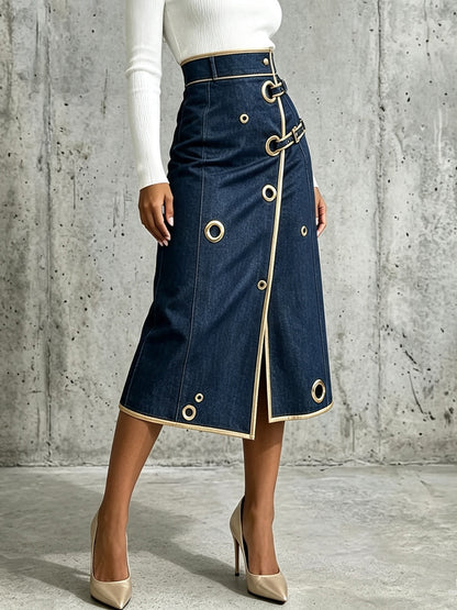 Chic And Refined Denim Midi Skirt With Gold Piping.